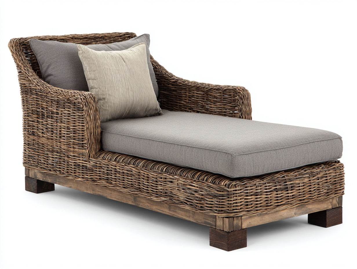 Bain de soleil - Rotin-Textile-Bois - 190 x 80 x 90 cm - Marron-Gris - Style naturel avec assise confortable