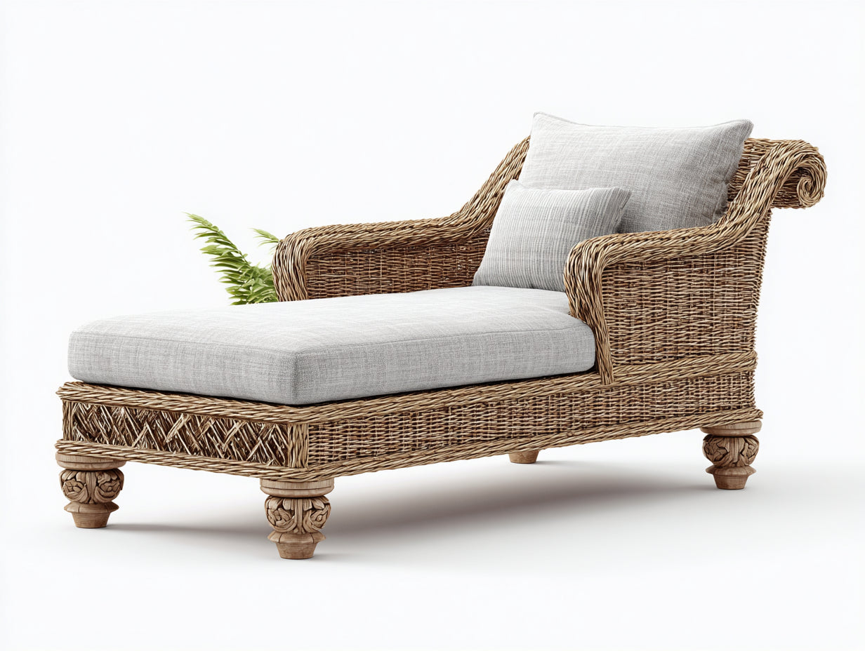 Bain de soleil - Rotin-Textile-Bois - 190 x 80 x 90 cm - Naturel-Gris clair - Style naturel avec dossier enveloppant