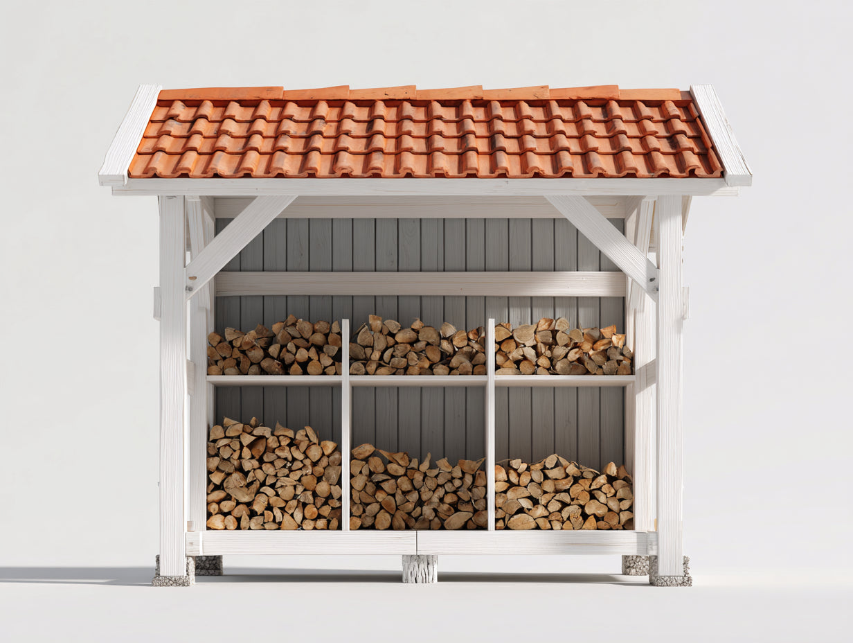 Abri à bûches-Bois-180 x 80 x 180 cm-Blanc-Tuile terre cuite-Style rustique extérieur