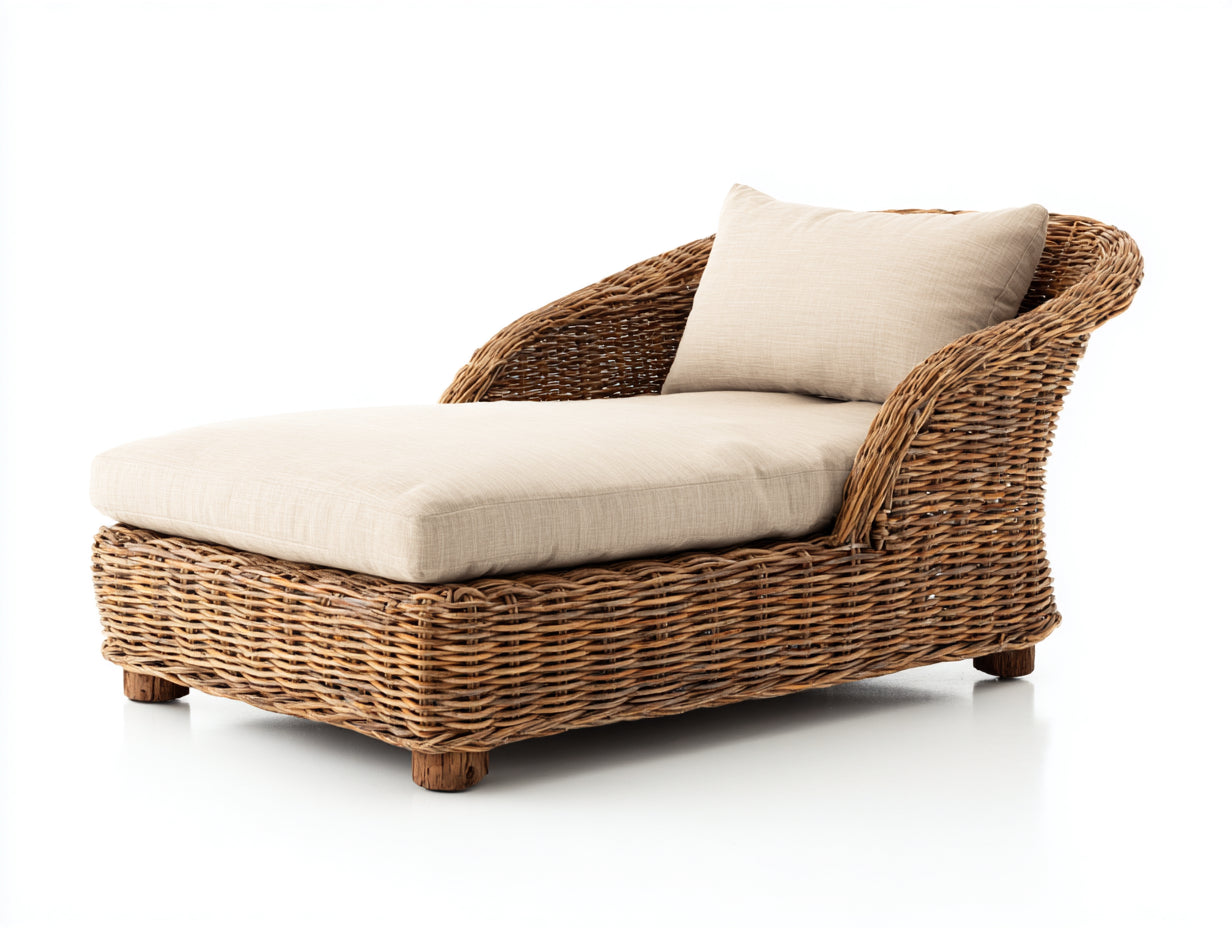 Bain de soleil - Rotin-Textile-Bois - 185 x 80 x 85 cm - Naturel-Écru - Style naturel avec dossier enveloppant