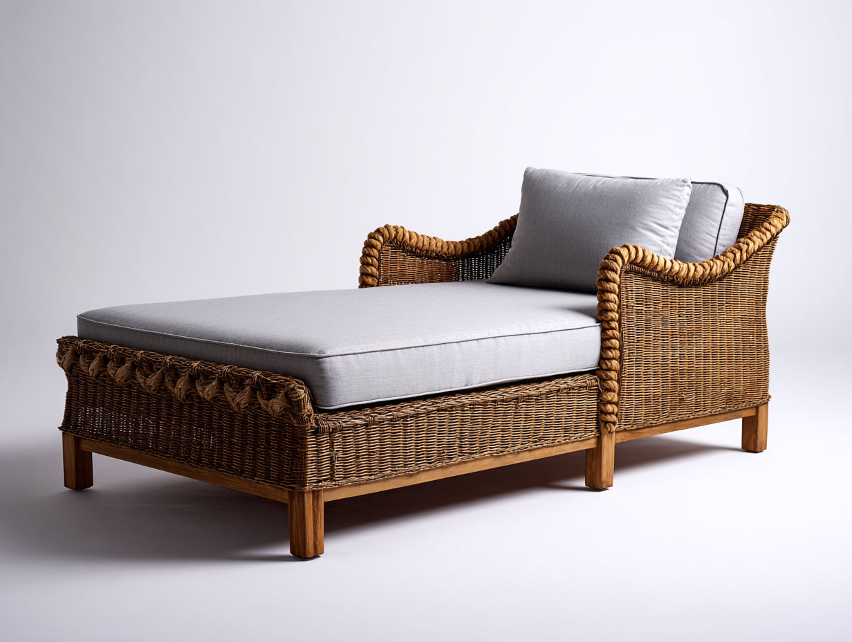 Bain de soleil - Rotin-Textile-Bois - 195 x 85 x 90 cm - Marron-Gris clair - Style naturel avec accoudoirs arrondis