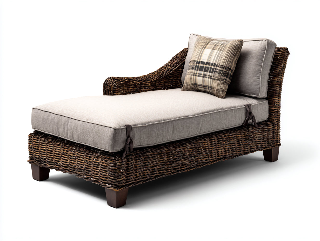 Bain de soleil - Rotin-Textile-Bois - 190 x 80 x 90 cm - Marron-Gris - Style naturel avec dossier enveloppant